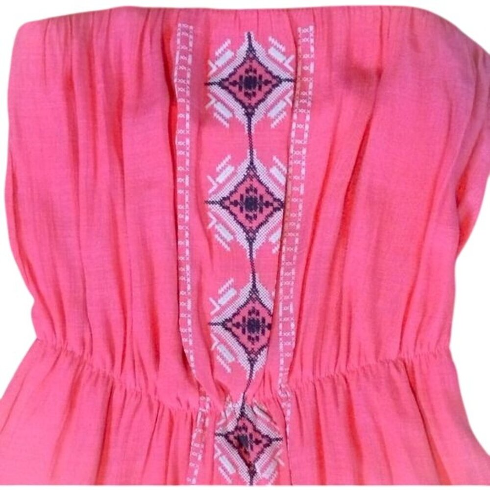 NWT Coral Embroidered Print High-Low Hem Cinched Waist Strapless Boho Midi Dress - Picture 3 of 10